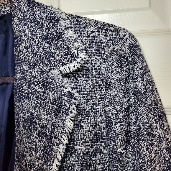 Talbots Petites Blue White Boucle Tweed Fringe Blazer Size 12 - Picture 3 of 12